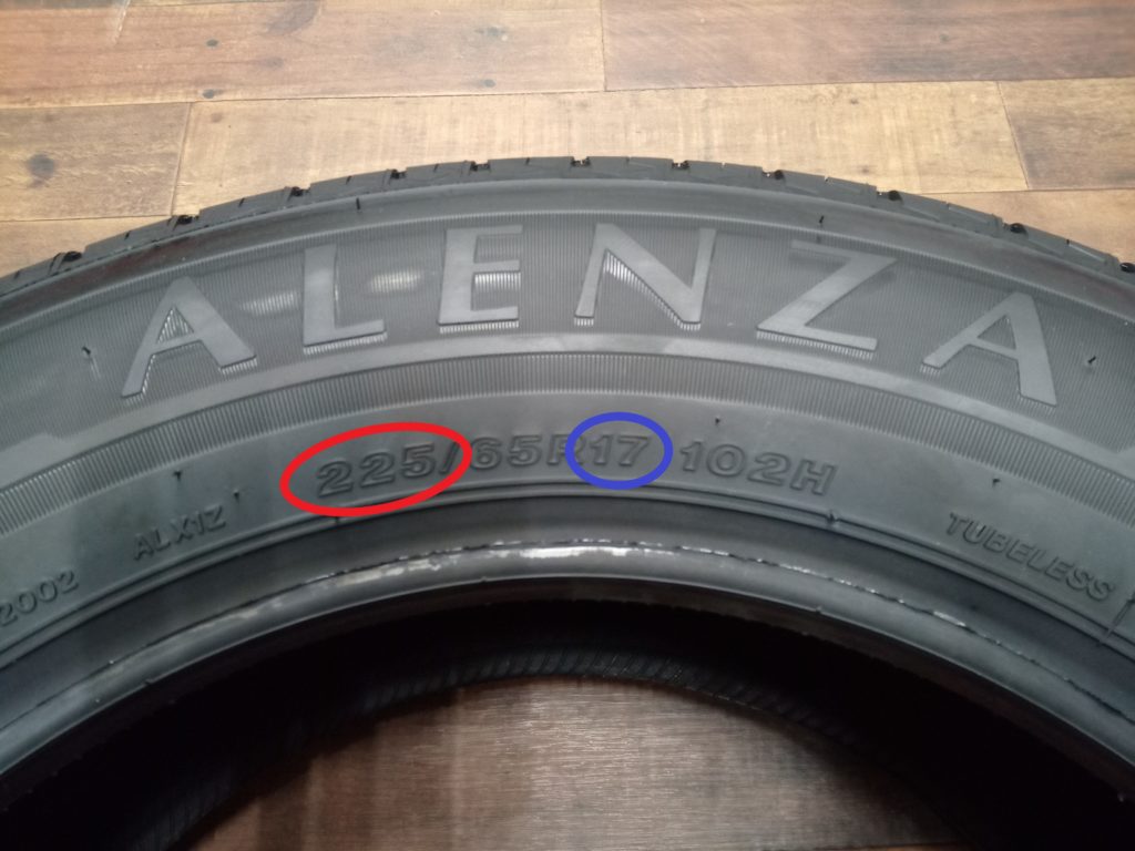 タイヤのサイドウォールに表記されている断面幅とリム径の位置をそれぞれ赤丸と青丸で示す