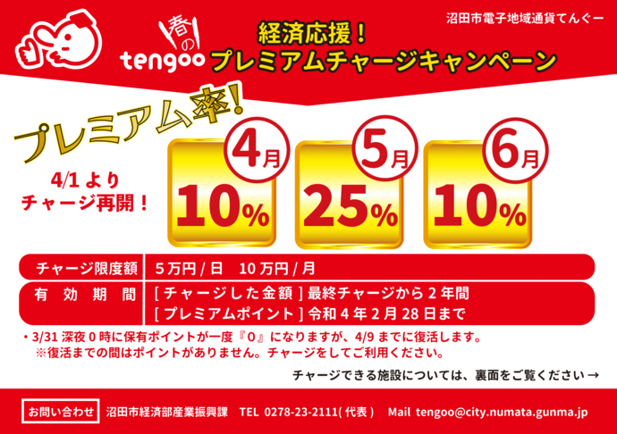 沼田市電子通貨「tengoo（てんぐ―）」の2021年春のプレミアムチャージキャンペーンのチラシ